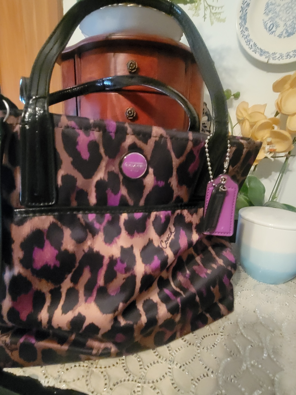 Coach Leopard Print Tote Bag in Purple and Brown